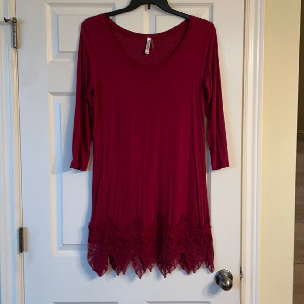 Ruby Red Long Sleeved Tunic with Lace-Edged Bottom